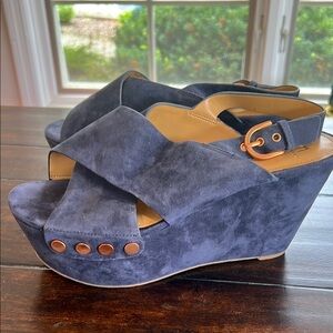 Marc Fisher Blue Wedge Sandals with Suede Finish